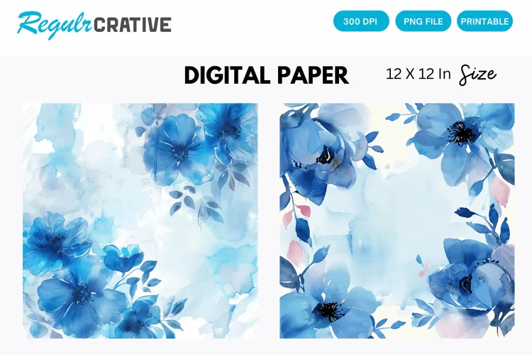 Blue Watercolor Floral Digital Paper, Blue Floral Background