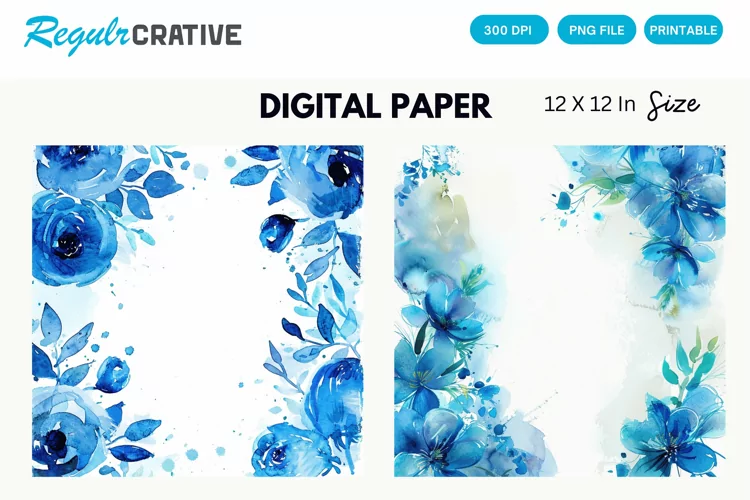 Blue Watercolor Floral Digital Paper, Blue Floral Background