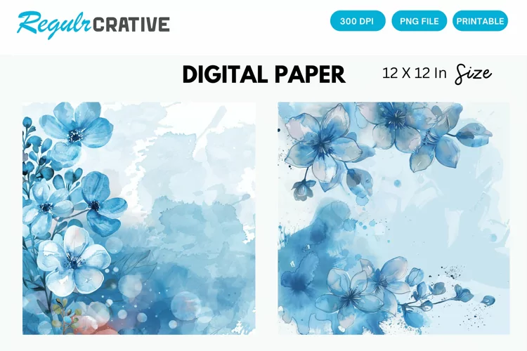 Blue Watercolor Floral Digital Paper, Blue Floral Background