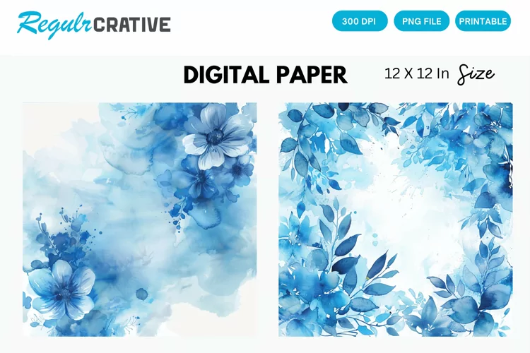 Blue Watercolor Floral Digital Paper, Blue Floral Background
