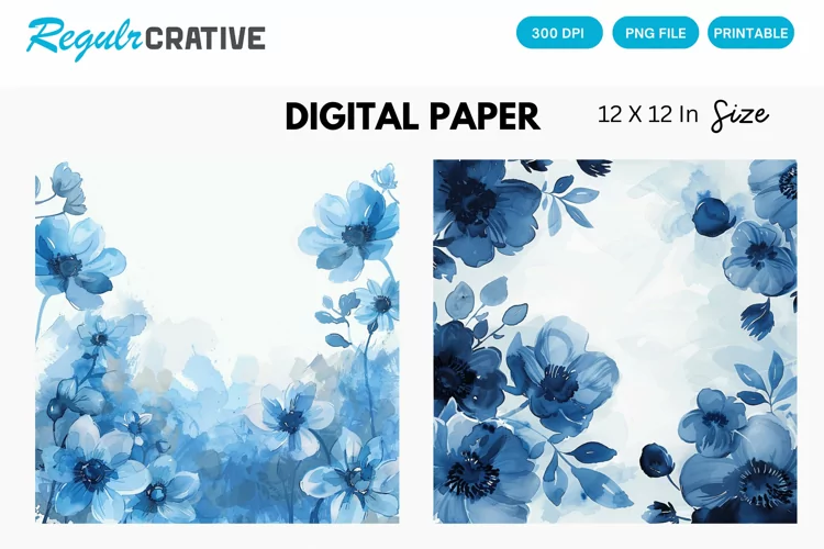 Blue Watercolor Floral Digital Paper, Blue Floral Background