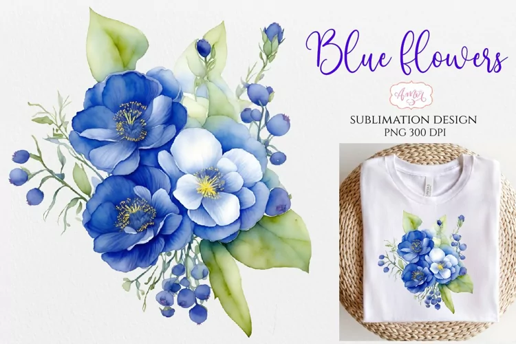Blue watercolor flowers arrangement PNG for sublimation