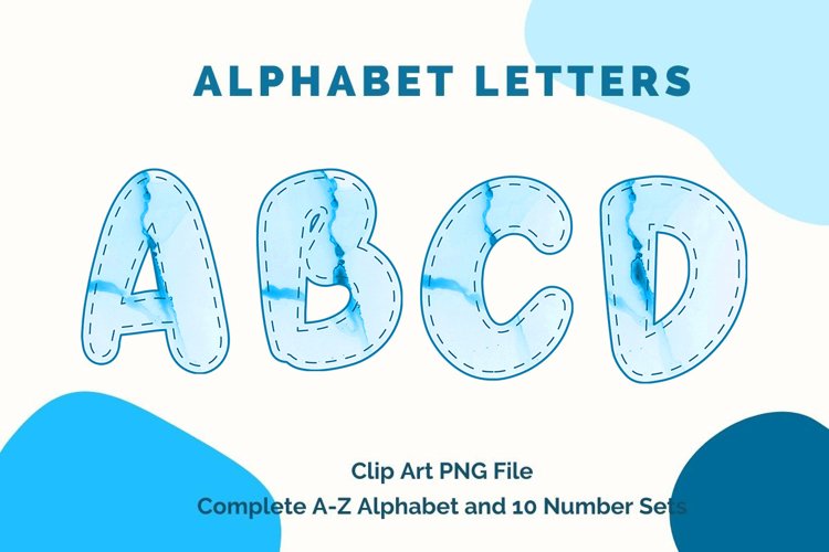Blue Watercolor Alphabet Letters Sublimation Digital Clipart