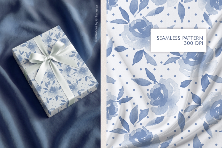 Blue Watercolor Rose Pattern