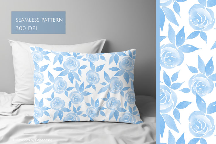 Blue Watercolor Rose Seamless Pattern