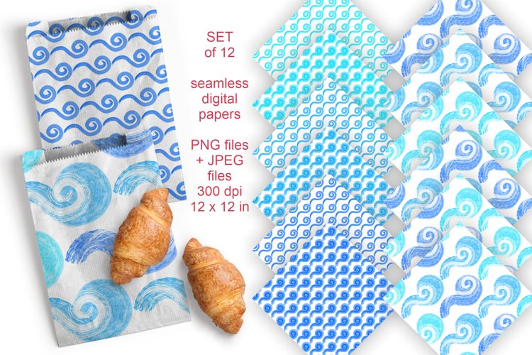 Blue Watercolor Waves Seamless Patterned Papers 12 PNG JPG