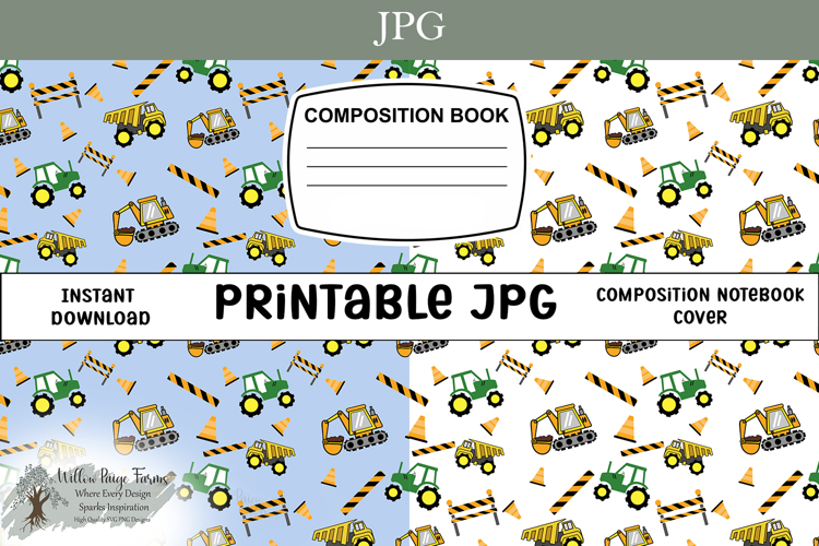 Construction Trucks Notebook Cover Printable Set