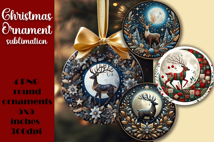 Round Christmas Ornament PNG | embroidery Deer PNG