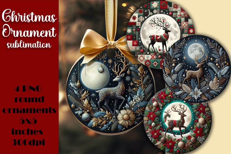 Round Christmas Ornament PNG | embroidery Deer PNG