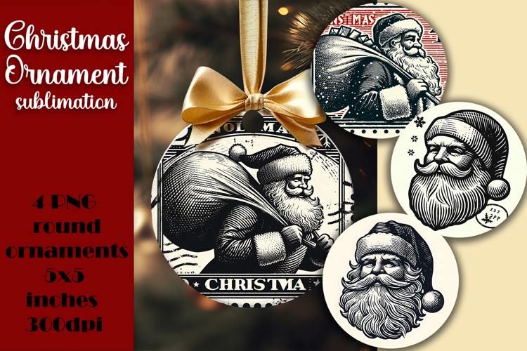 Vintage Santa Ornament Sublimation, Round Ornament Png