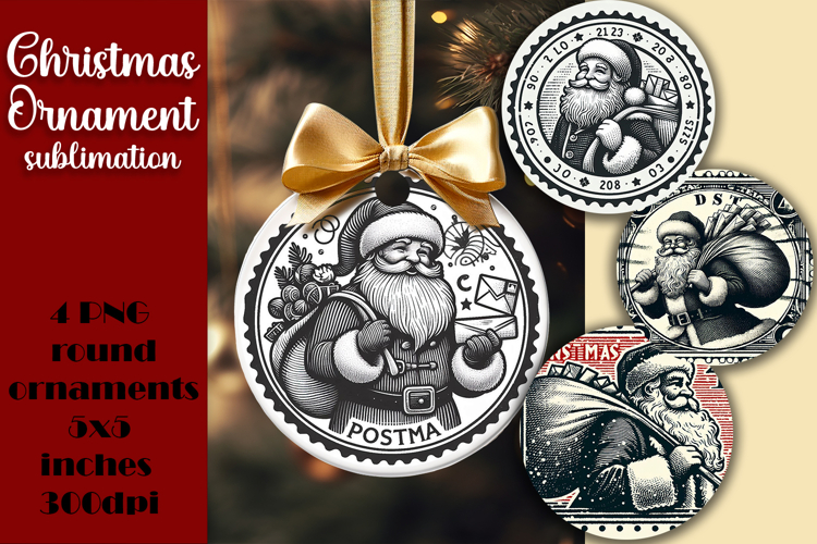 Vintage Santa Ornament Sublimation, Round Ornament Png