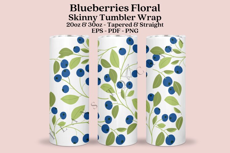 blueberries floral summer fruit skinny tumbler sublimation design for 20oz and 30oz skinny tumbler sublimation wrap
