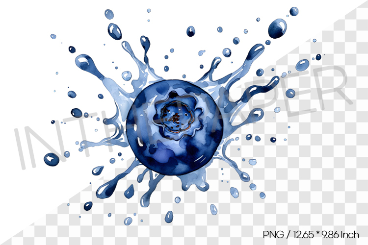 Single Blueberry with Blue Juice Splatter Background PNG Art