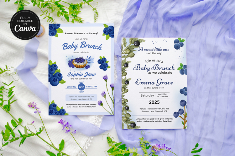 Blueberry Baby Brunch Baby Shower Invitation Canva Template