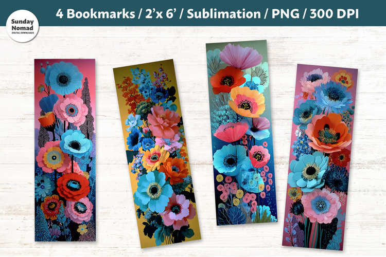 Blue Floral Bookmarks , Printable Crafts, 4 PNG