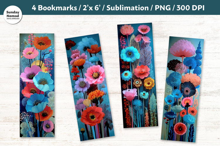 Blue Floral Bookmarks , Printable Crafts, 4 PNG