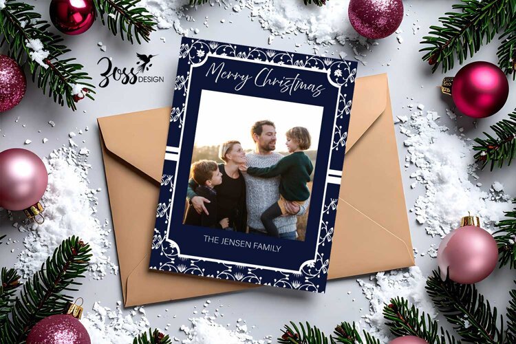 Blue and White Christmas Photo Card Template | Photoshop PSD example image 1