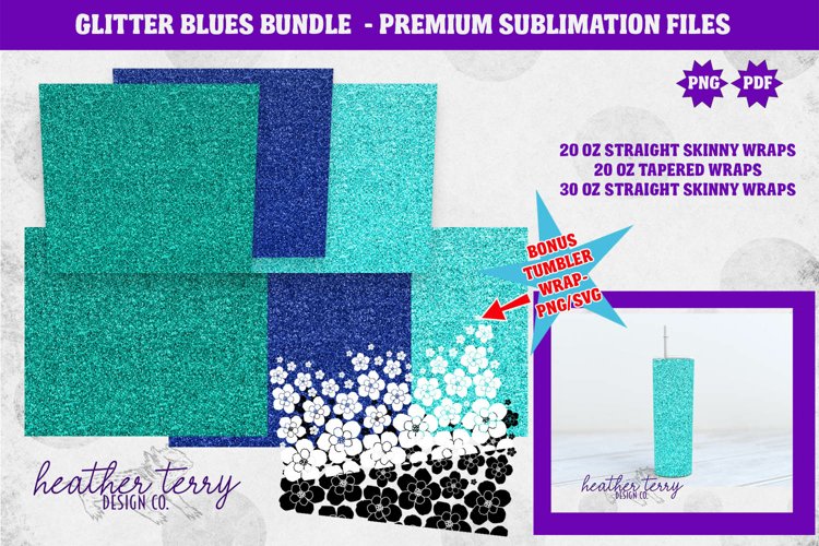 20oz Glitter Blues Tumbler Wrap I 30oz Skinny Bundle example image 1