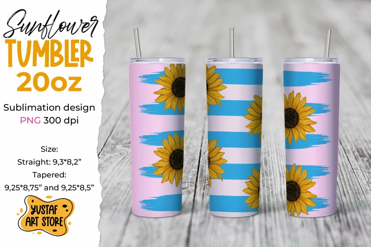 Sunflower with Blue stripes tumbler sublimation wrap design