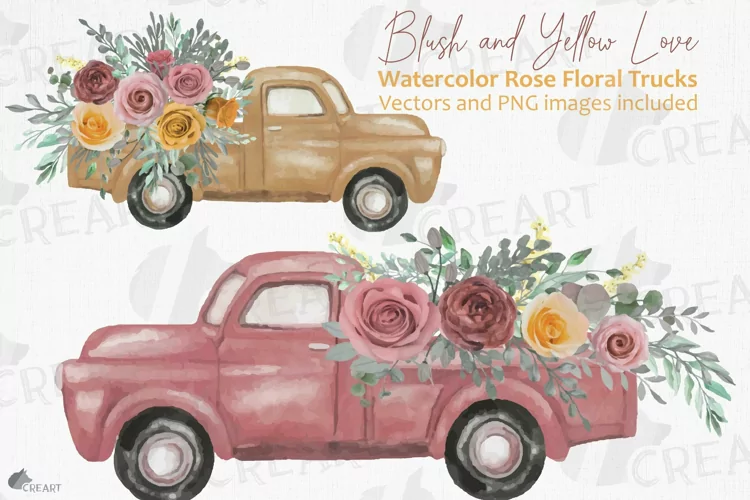 Blush and yellow rose watercolor flower pickup truck graphic