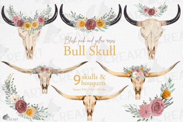 Yellow and blush watercolor floral bull skull design element example image 1