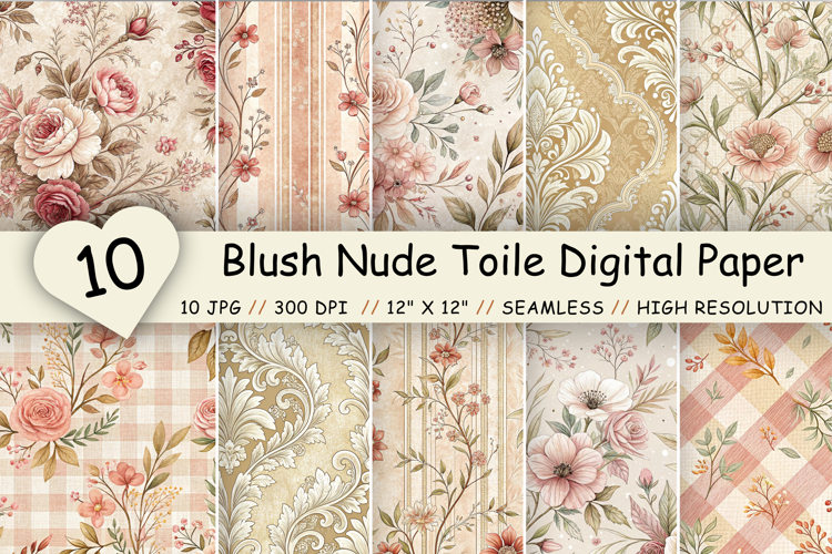 Blush Nude Toile Digital Paper Pack, Vintage Floral Toile