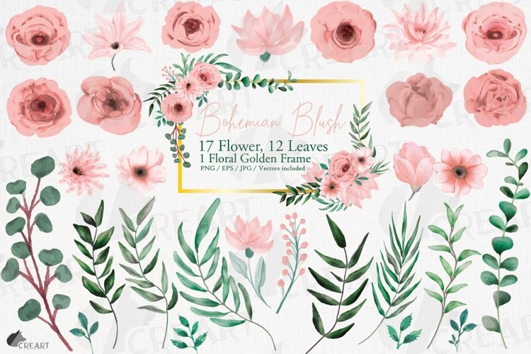 Blush watercolor floral wedding rose and greenery design.