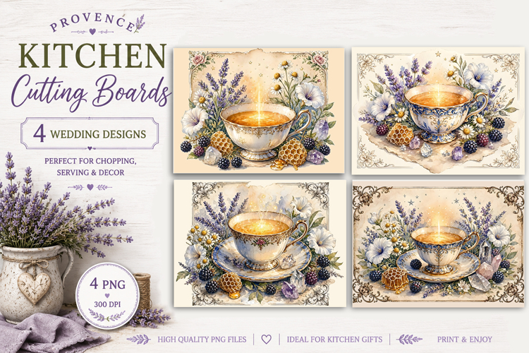 Provence Tea Cutting Board Sublimation | Lavender Floral PNG