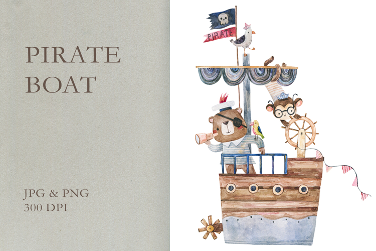 Cute Watercolor Pirate Ship with Bear and Monkey