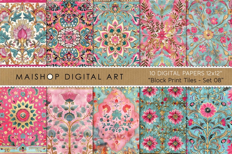 Bohemian Block Print Floral Tile Seamless Backgrounds