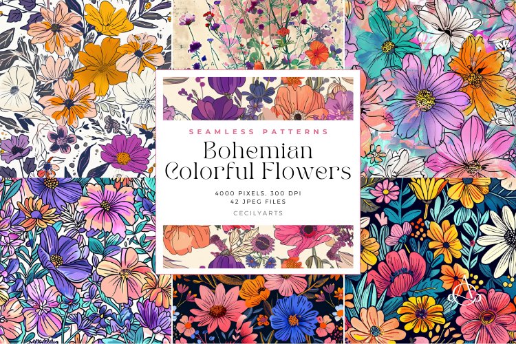 42 Bohemian Colorful Flowers Seamless Patterns example image 1