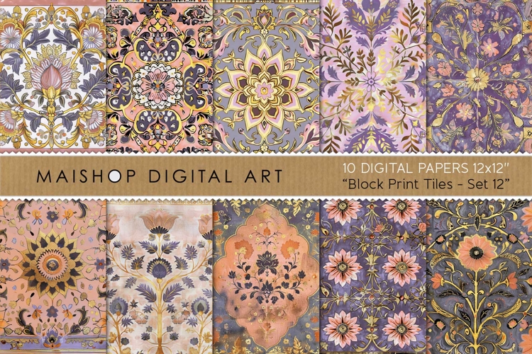 Bohemian Salmon & Dusty Lavender Floral Tile Backgrounds