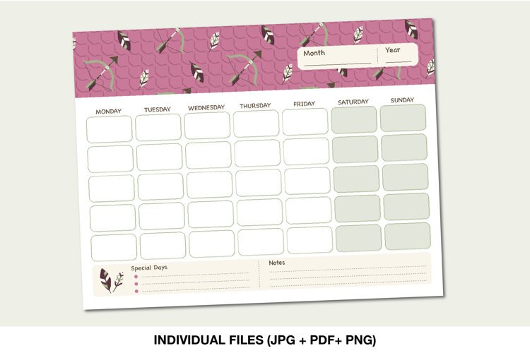 Printable boho perpetual calendar with arrows, feathers, monthly grid, special days and notes
