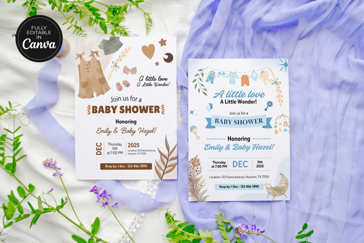 Editable Boho Baby Shower Invitation Canva Template