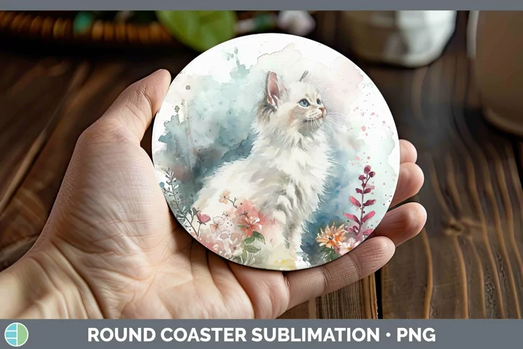 Boho Cat Angora Cat Round Coaster Sublimation Coaster Design