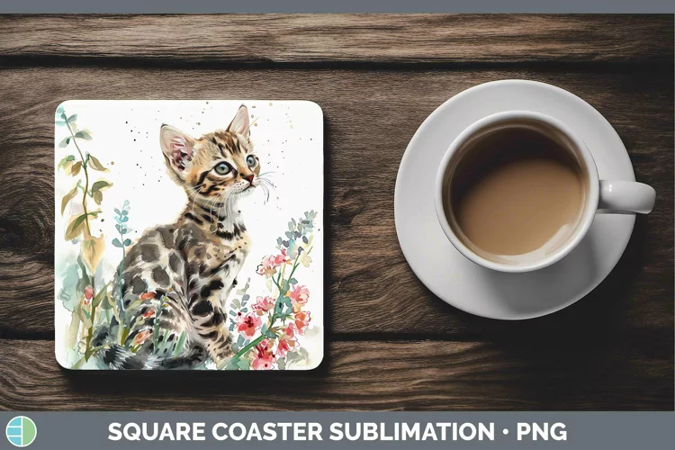 Boho Cat Bengal Cat Square Coaster Sublimation Coaster Desig
