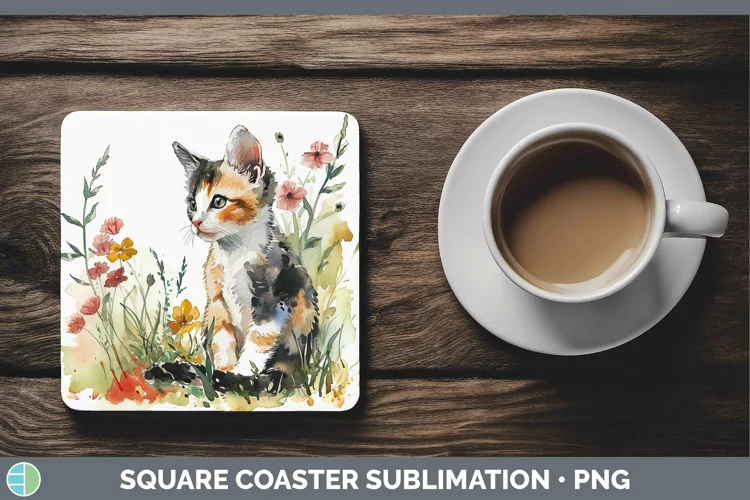Boho Cat Calico Cat Square Coaster Sublimation Coaster Desig