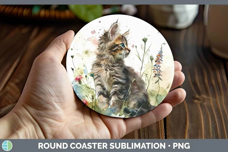 Boho Cat Maine Coon Cat Round Coaster Sublimation Coaster De