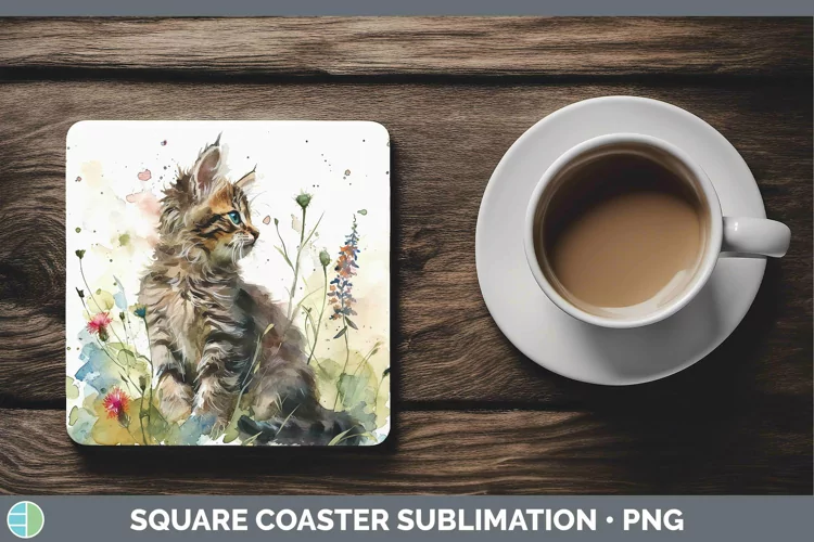 Boho Cat Maine Coon Cat Square Coaster Sublimation Coaster D