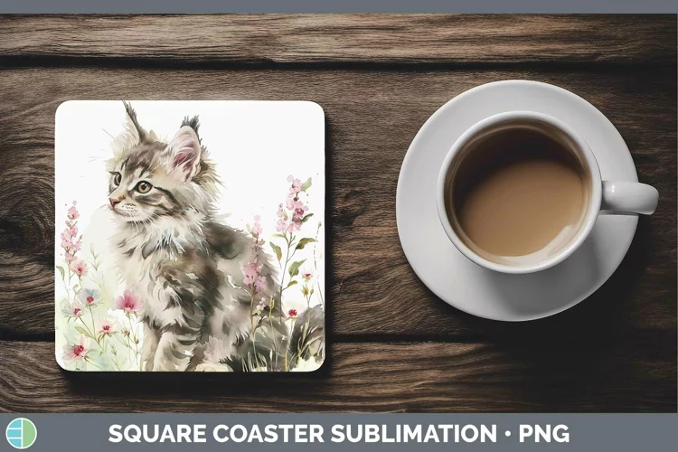 Boho Cat Norwegian Forest Cat Square Coaster Sublimation Coa