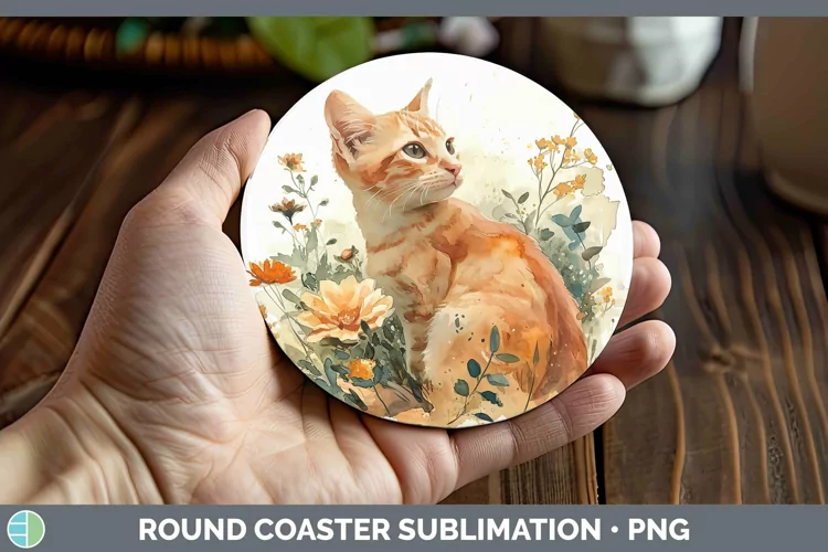 Boho Cat Orange Cat Round Coaster Sublimation Coaster Design