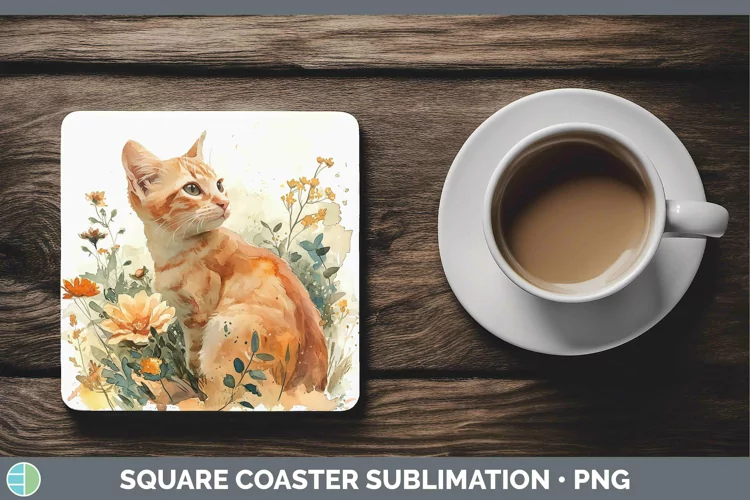 Boho Cat Orange Cat Square Coaster Sublimation Coaster Desig