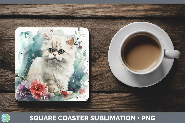 Boho Cat Persian Cat Square Coaster Sublimation Coaster Desi