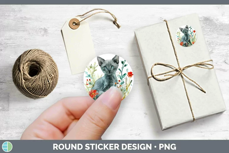 Boho Cat Russian Blue Cat Stickers | Round Labels Designs
