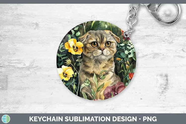 Boho Cat Scottish Fold Cat Keychain Sublimation Keyring Desi