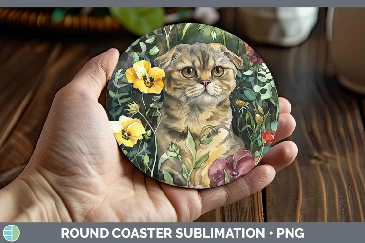Boho Cat Scottish Fold Cat Round Coaster Sublimation Coaster