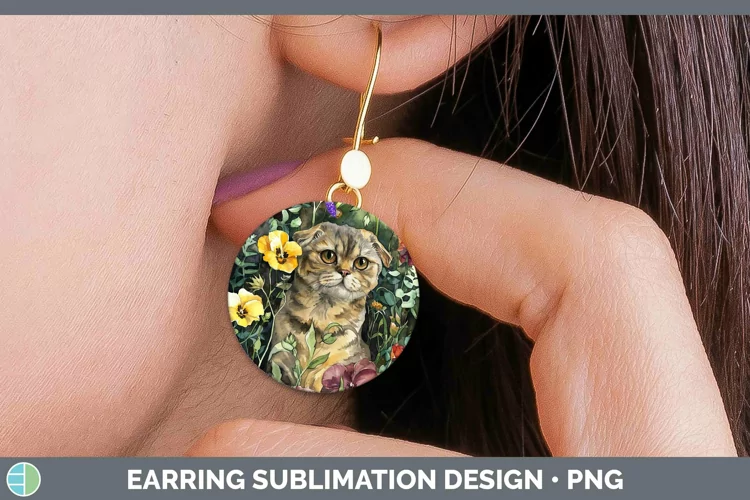 Boho Cat Scottish Fold Cat Round Earrings Sublimation Earrin