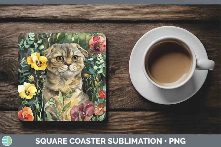 Boho Cat Scottish Fold Cat Square Coaster Sublimation Coaste