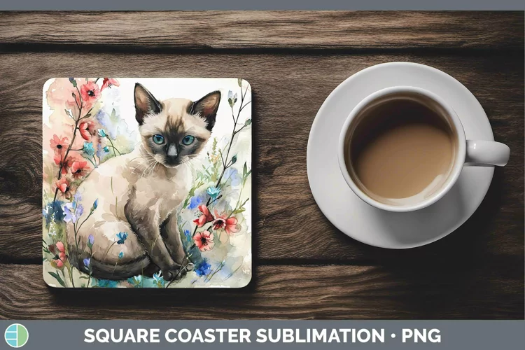 Boho Cat Siamese Cat Square Coaster Sublimation Coaster Desi