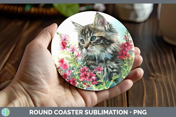 Boho Cat Siberian Cat Round Coaster Sublimation Coaster Desi